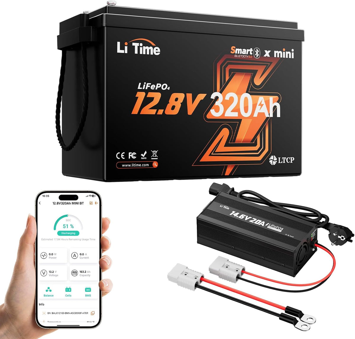 Litime batterie, 12 V, 320 Ah, 12 V, 4096 Wh, Noir/Blanc, Lithium Bluetooth LiFePO4 avec Chargeur 20 A, 4000-15000 Cycles Profonds