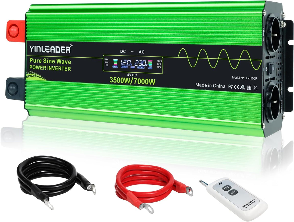 Yinleader onduleur, 12 V, 220 V, 230 V, 3500 W, 7000 W, Vert/Blanc, Convertisseur Pur Sinus ( Crête), Transformateur de Tension avec Télécommande