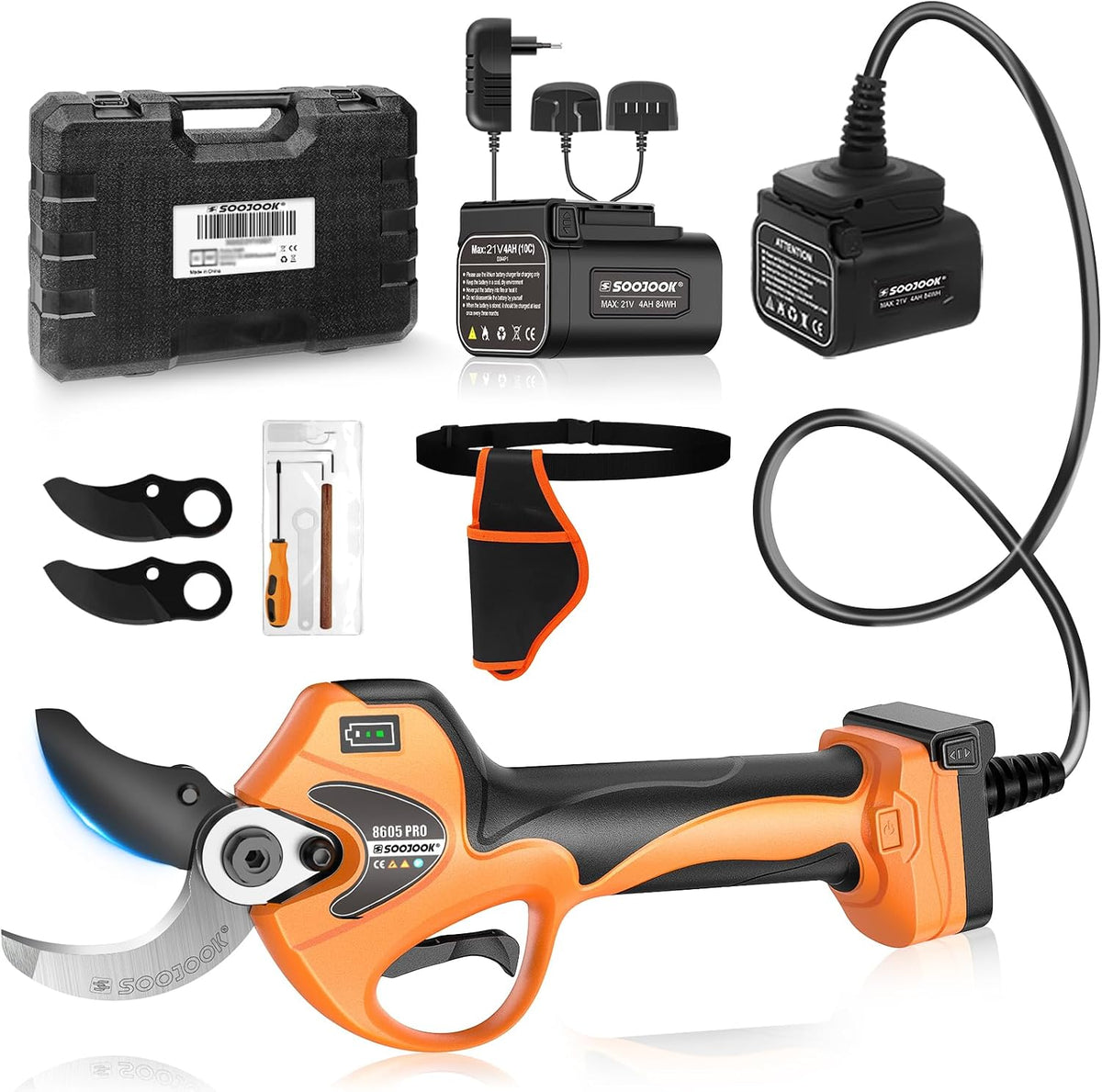 Soojook Sécateurset ciseaux, 40 mm, 2x 21, 1050 W, Orange, Sécateur Électrique Professionnel, Progressive, V 4A Batteries