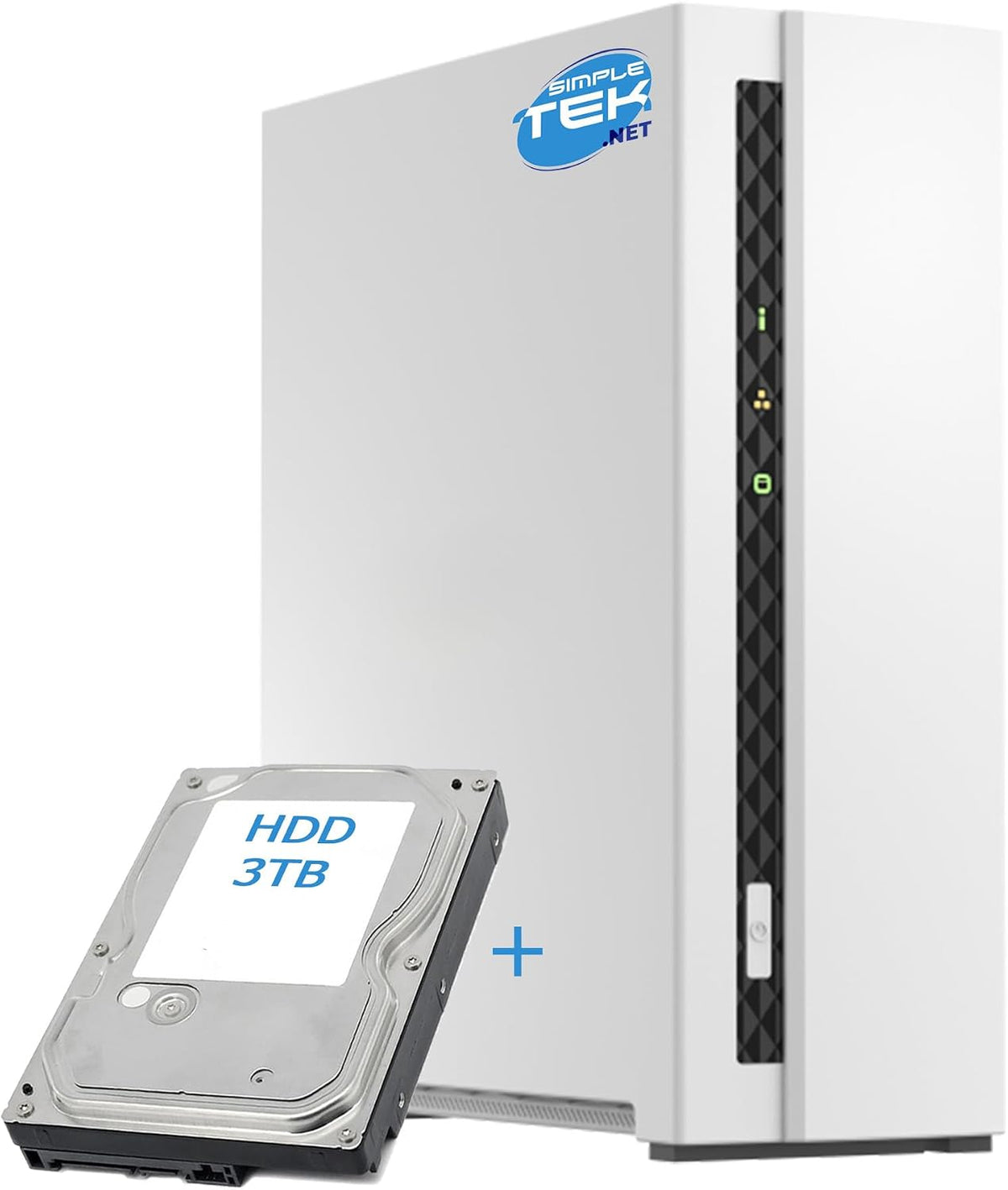 SIMPLETEK Boîtiers, Gris/Blanc, - Système de stockage réseau domestique NAS avec 2 Go de RAM, 1 baies avec disque dur 3 To préinstallé