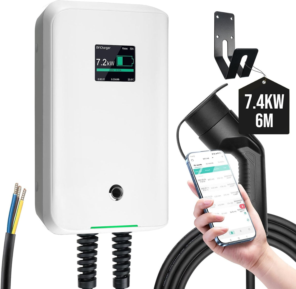 Morec Stations de charge, 7KW, 6M, Blanc/Gris, IEC 62196-2 Standard, RCD Type B