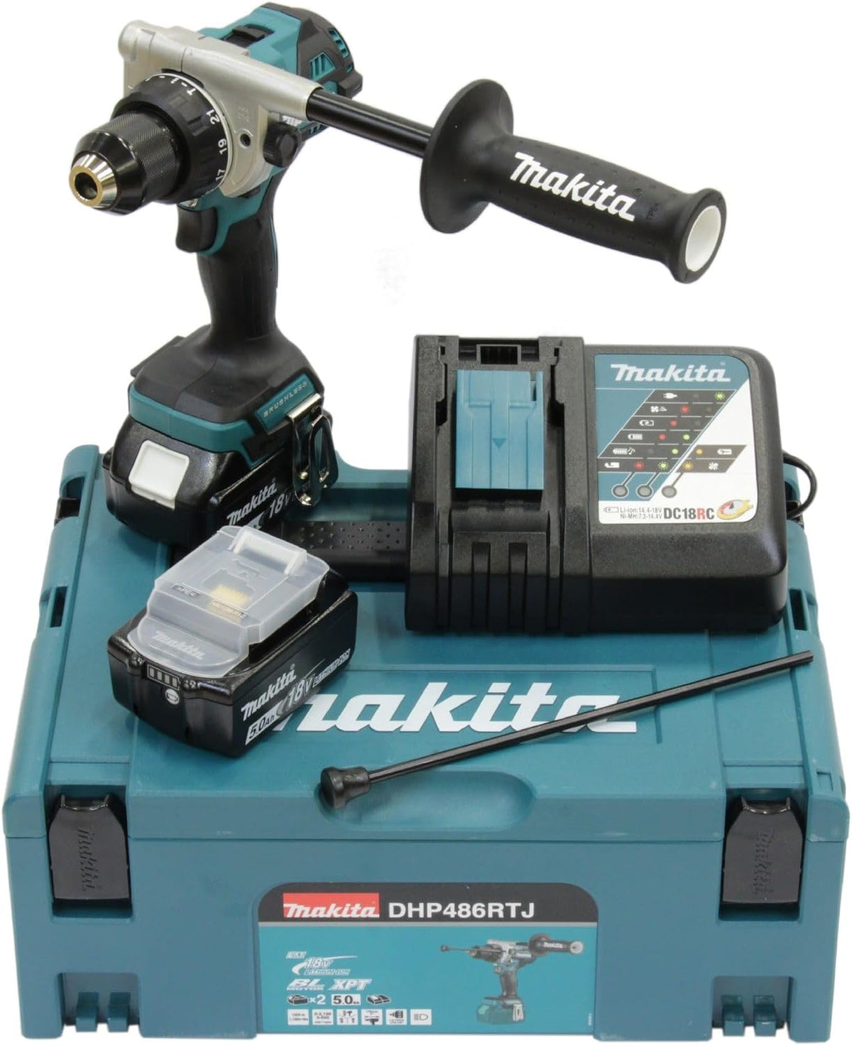 Makita perceuse-visseuse, 18 V, 2x5,0, Bleu/Noir, Perceuse à percussion LXT ( Ah) en MAKPAC - DHP486RTJ