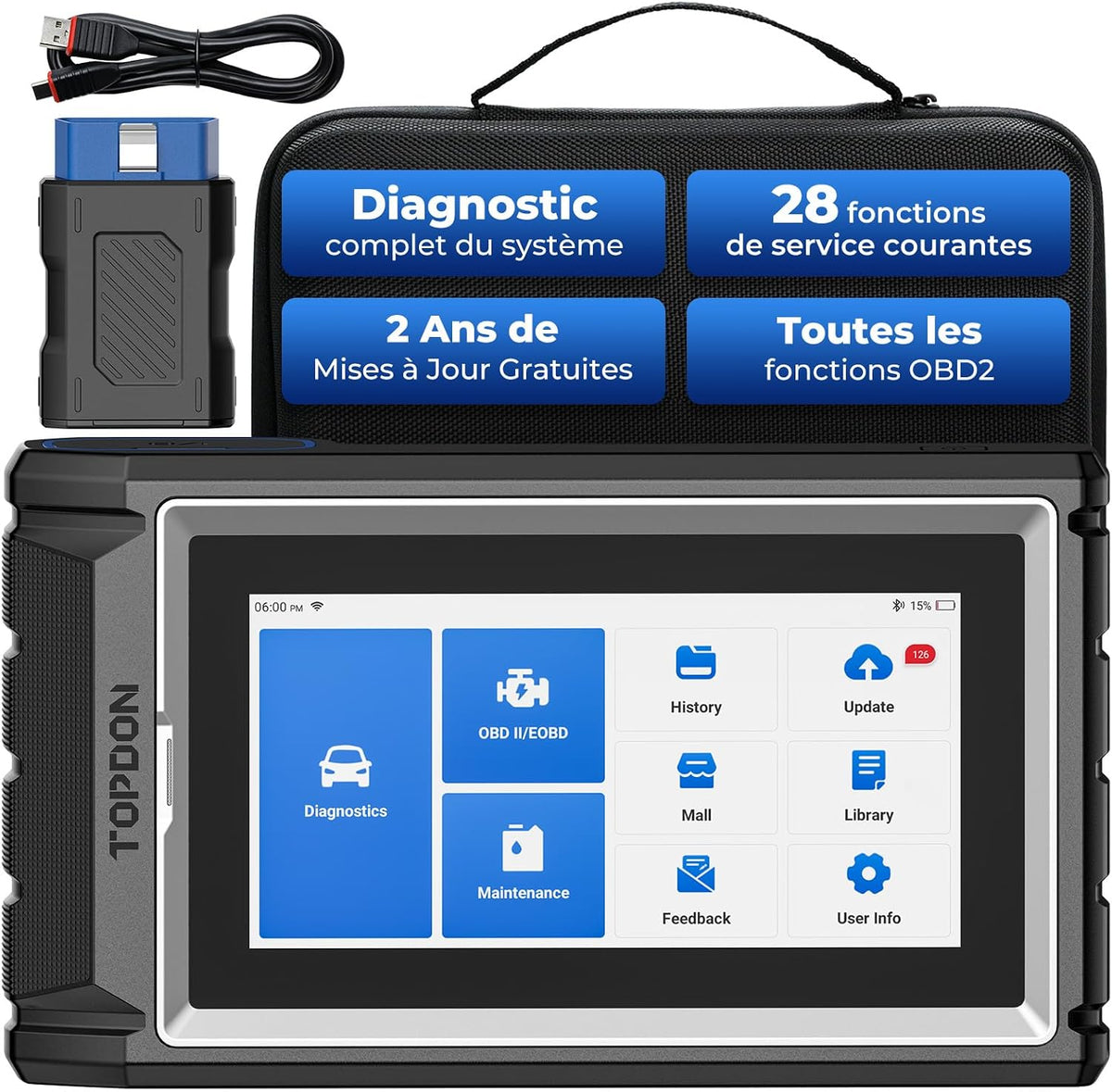 TOPDON Outils diagnostics pour système de moteur OBD-II, Bleu/Noir, Systèmes complets, 28 Fonctions de réinitialisation
