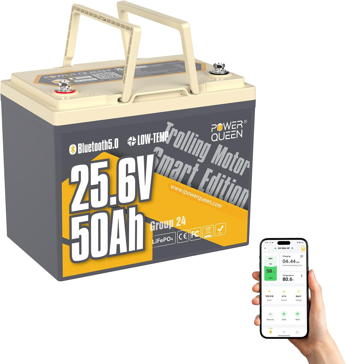 power queen batterie, 24 V, 50 Ah, 1280 Wh, Bleu, Lithium Bluetooth Bateau, Protection Basse Température LiFePO4 15000+ Cycle Profond