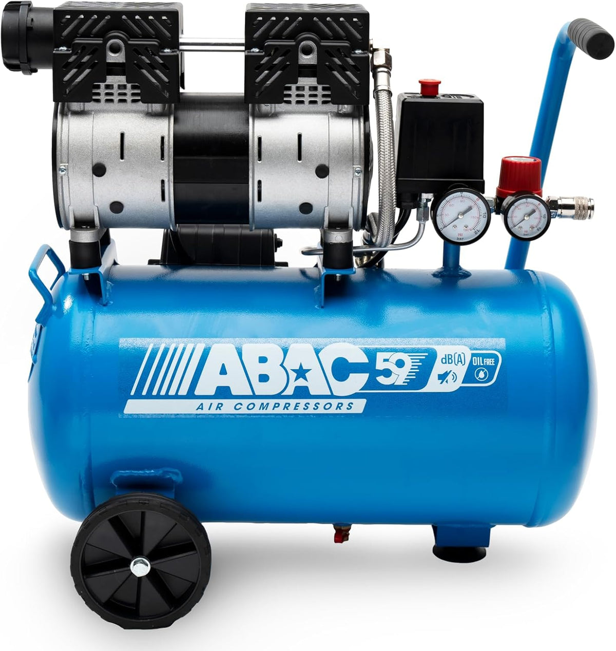 ABAC Compresseurs d'air, 8 Bar, 24 litres, 59 dB, Bleu/Noir, Compresseur d'Air Silencieux EASE-AIR 24, Compresseur d'Air sans Huile