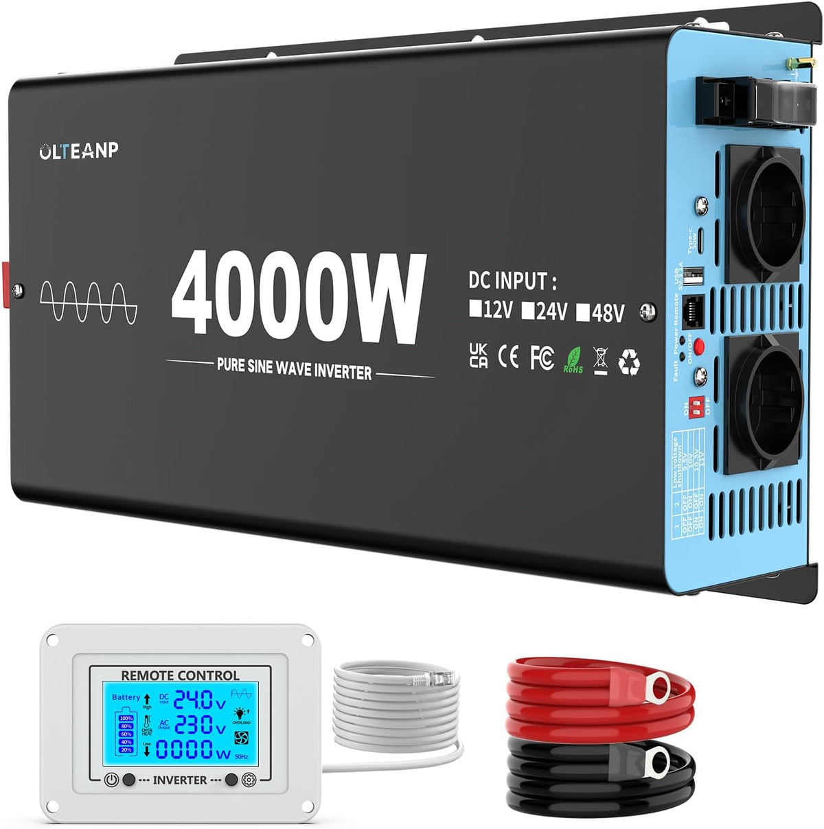 OLTEANP convertisseur de tension, 4000 W, 24 V, 230 V, Noir/Bleu, de Voiture à Onde sinusoïdale Pure à avec télécommande à écran LCD