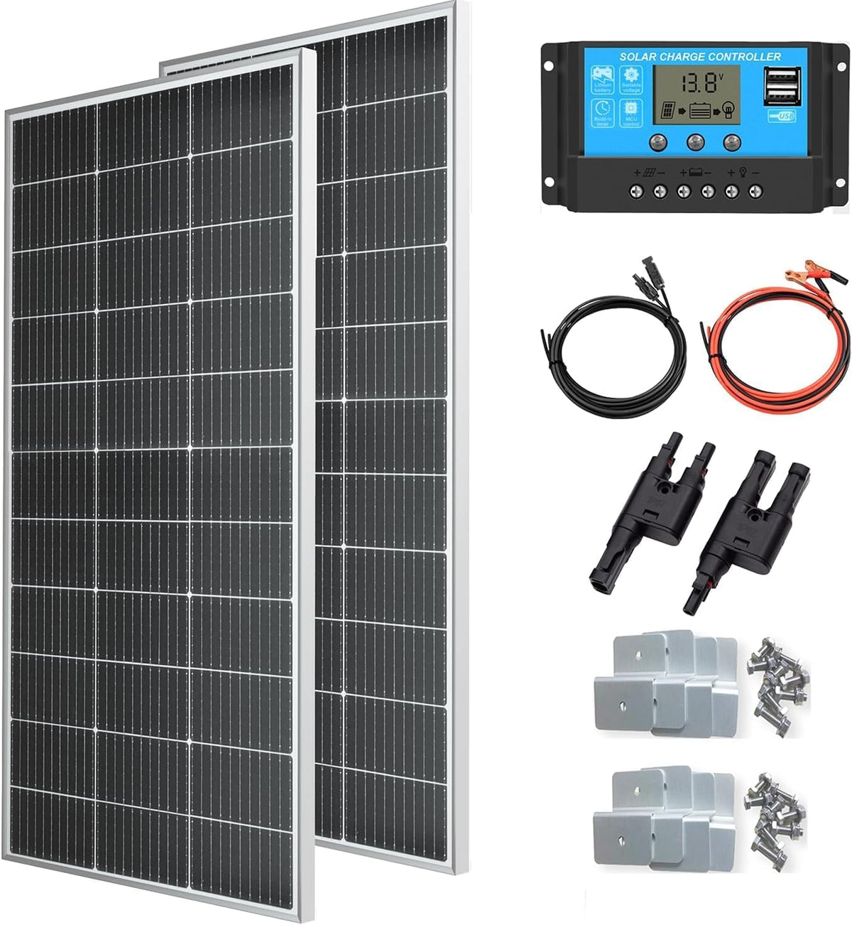 Kit Panneaux solaires monocristallins, 300 W, 150 W, 12 V, Noir/Gris, Caravanes Et Systèmes De Batteries