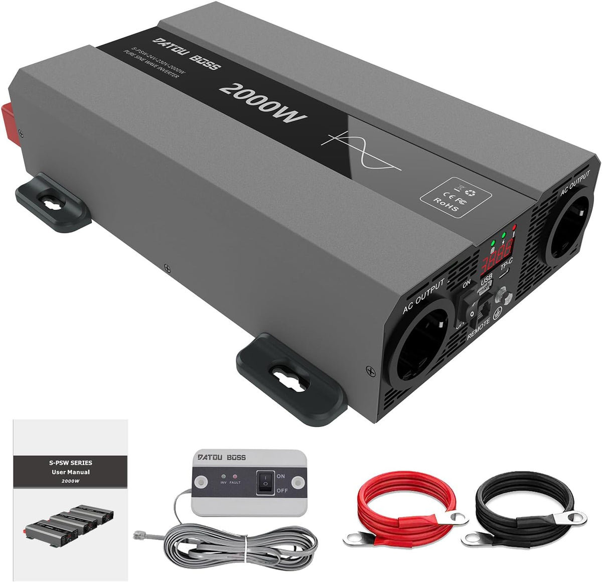 DATOUBOSS onduleur, 2000 W, 24v, 230v, Gris/Noir, USB Voiture Convertisseur Convient pour RV Voiture, Caravane