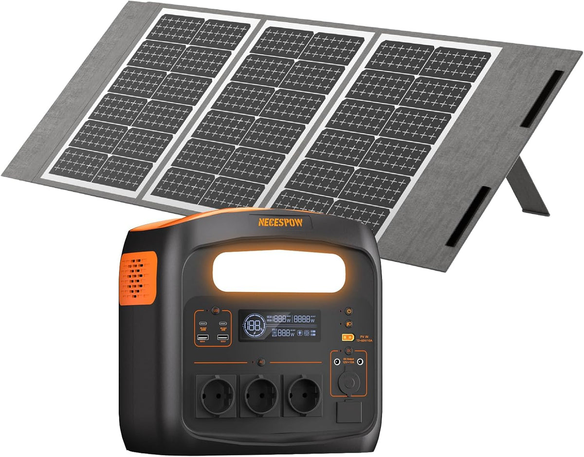 NECESPOW batterie, 1102,5 Wh (294 000 mAh)., 1800 W, 100 W, 1024 Wh, Gris/Noir, Station d'alimentation portable avec panneau solaire
