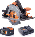 Evolution Power Tools scie circulaire, 18v, 185 mm, Gris/Bleu, coupe le bois, le métal, le plastique, batterie et chargeur inclus