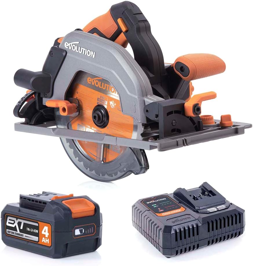 Evolution Power Tools scie circulaire, 18v, 185 mm, Gris/Bleu, coupe le bois, le métal, le plastique, batterie et chargeur inclus