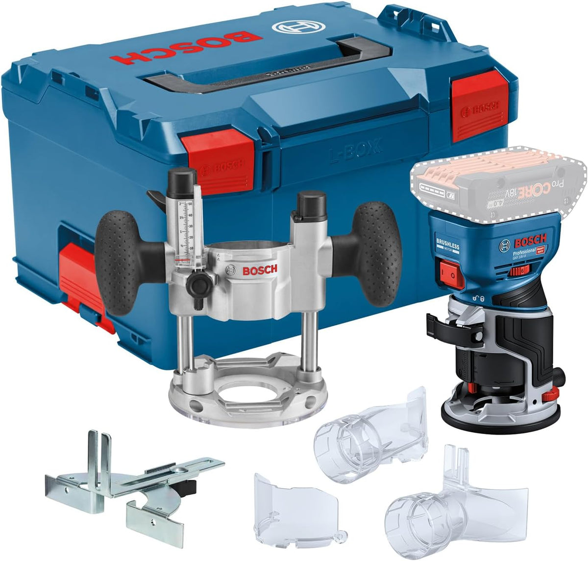 Bosch Professional Défonceuses, 18 V, 8 mm, Bleu/Gris, System Défonceuse portative GKF -8 (butée longit, 2xadapt.aspi.surfaç