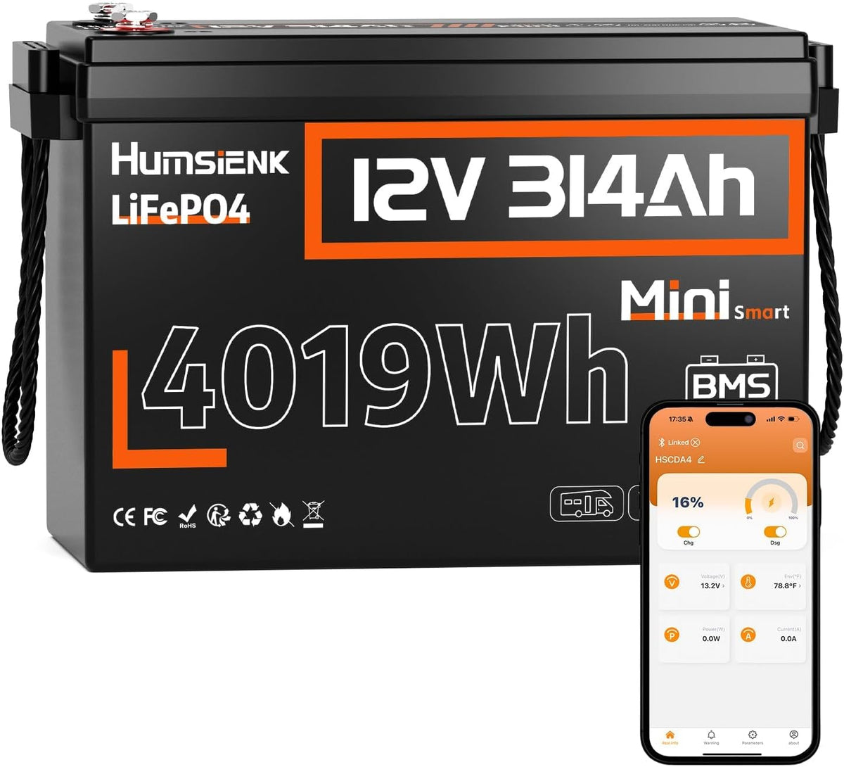 HumsiENK batterie, 12 V, 314 Ah, Bleu, LiFePO4 Bluetooth Mini, BMS 200A Intégré, Camping-Car, Installation Solaire