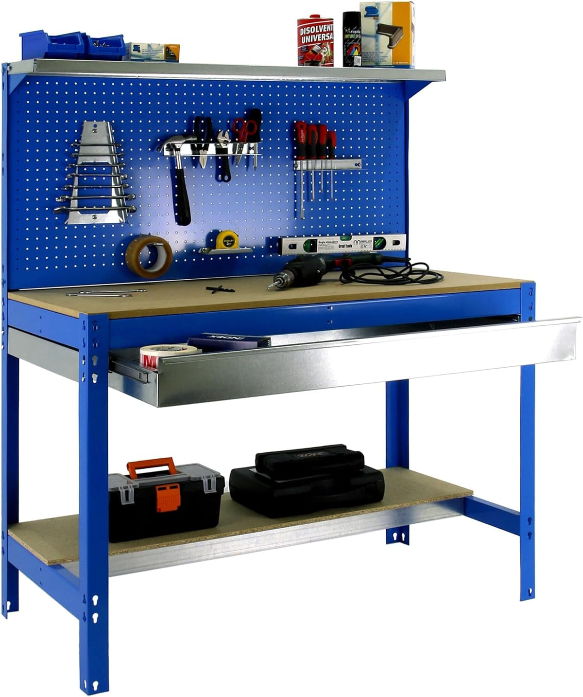 Simon Rack Établis, 600 kg, 1445x1210x610 mm, Bleu, Etabli d'Atelier, Capacité de Charge, Panneau Perforé avec 1 Étagère