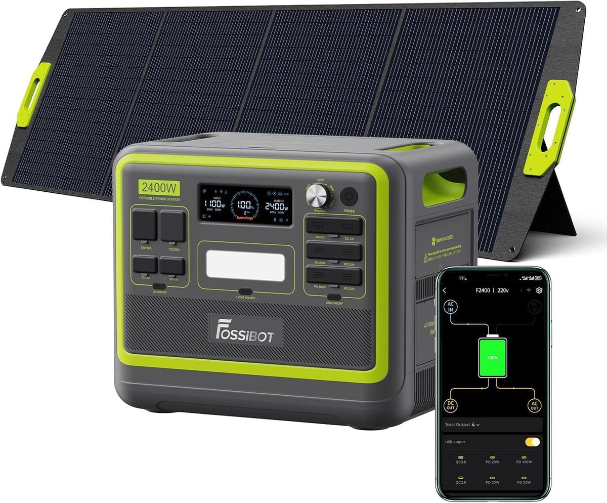 FOSSiBOT groupe électrogène, 200 W, 2048 Wh, 230 V, 2400 W, 4800 W, Noir/Bleu, Générateur solaire F2400 avec panneau solaire