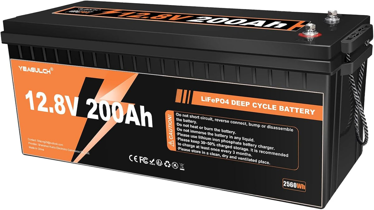 yeagulch batterie, 12 V, 200 Ah, Noir/Orange, Lithium LiFePO4 BMS 200A 15000 Cycles