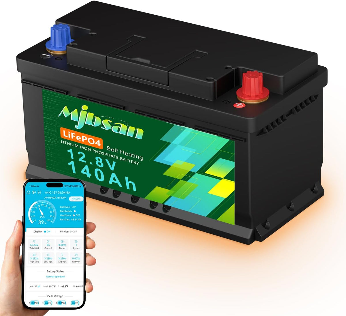 Mjbsan Batteries de voiture, 12 V., 140 Ah, 1792 Wh, phosphate de fer de lithium 4., noir | Taille : 352 mm x 174 mm x 190 mm 2