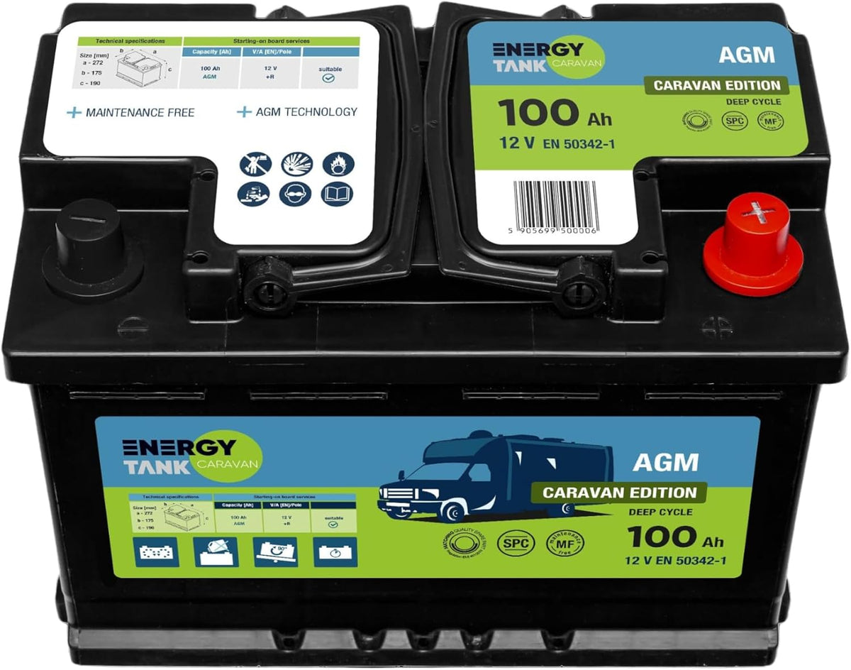 EnergyTank batterie, 12 V, 100 Ah, Noir/Vert, AGM à Décharge Lente pour Camping-Car et Bateau
