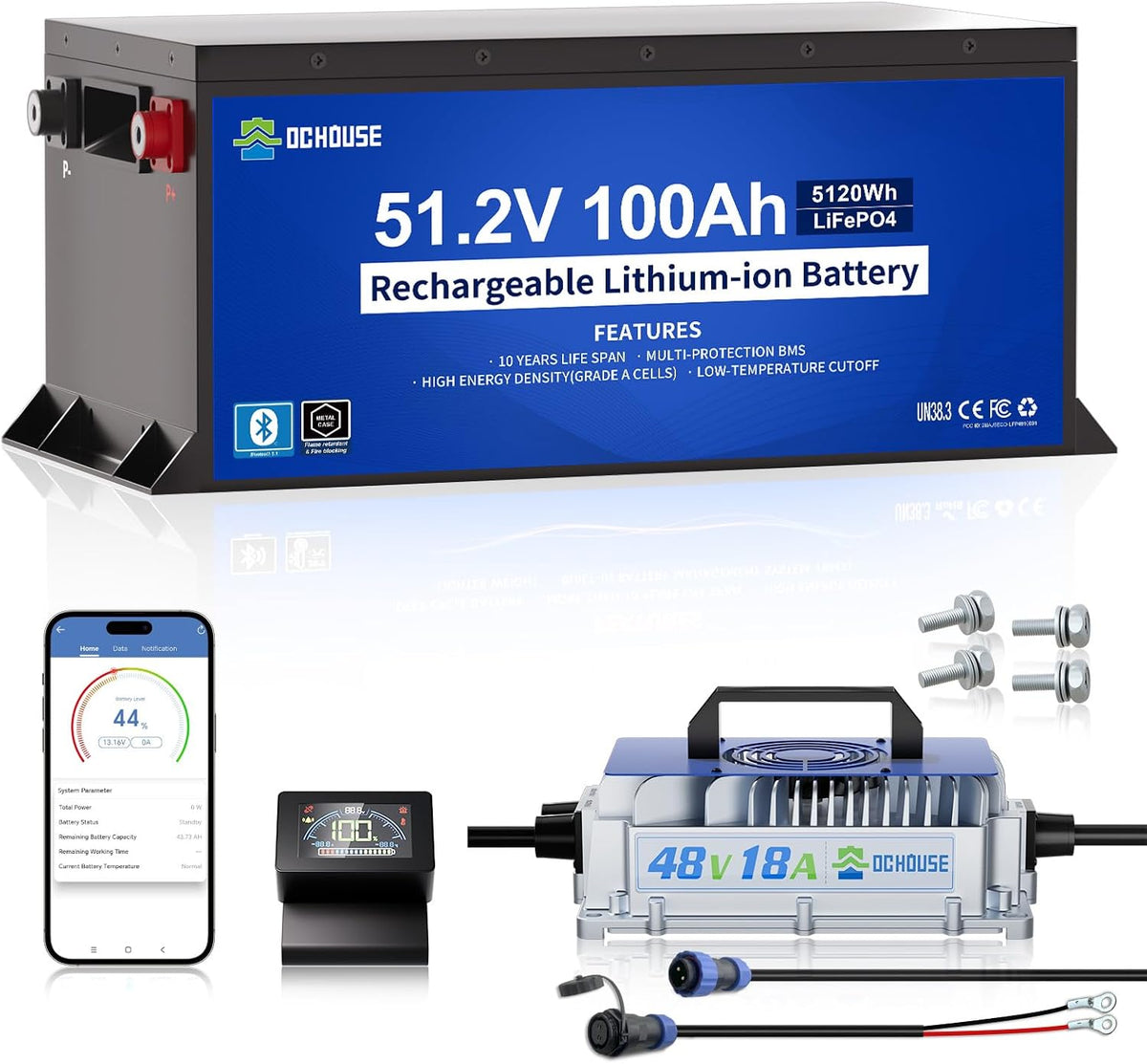 DCHOUSE batterie, 48 V, 100 Ah, Bleu/Gris, LiFePO4 Voiturette de Golf Chargeur et Monitor