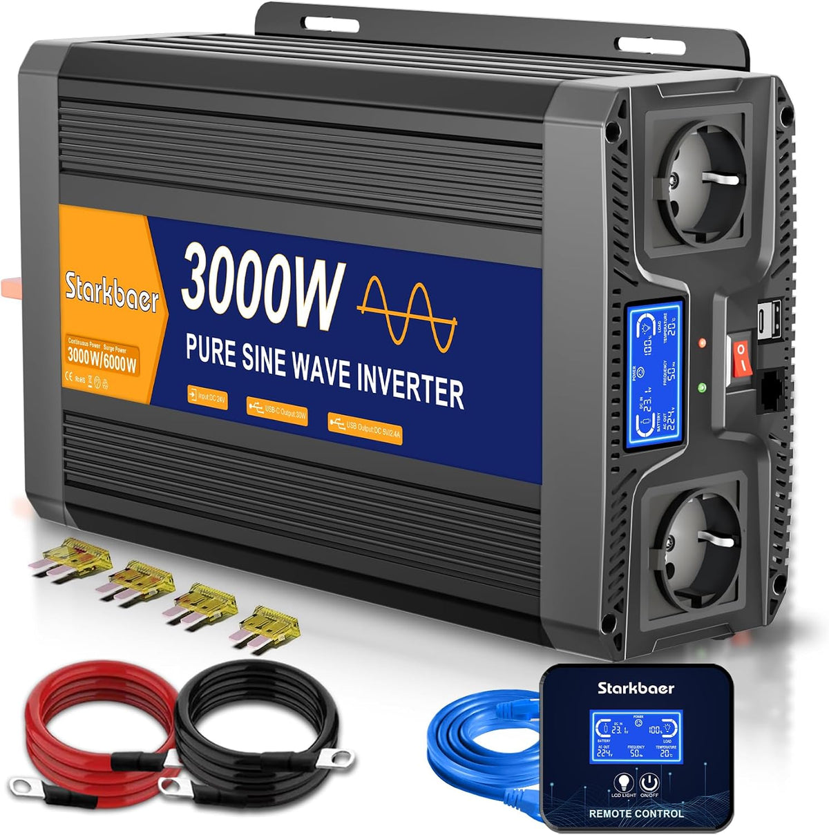 Starkbaer onduleur, 24 V, 230 V, 3000 W, Noir/Gris, Transformateur de Tension Pure Sinus pour Camion