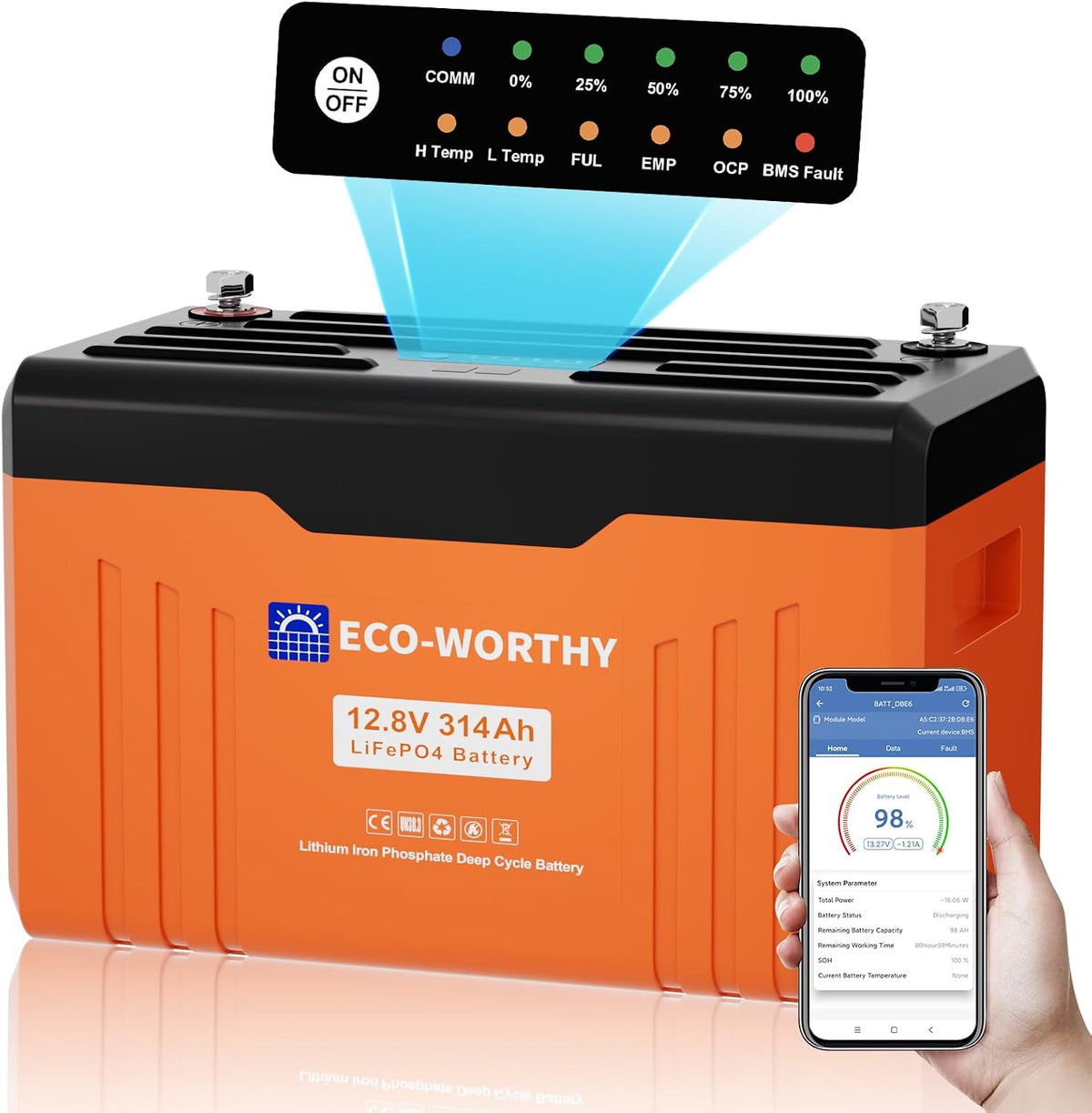 ECO-WORTHY batterie, 12 V, 314 Ah, 4019 Wh, Orange/Noir, Lithium EnergyTrek LiFePO4 Bluetooth avec écran, Camping-Car