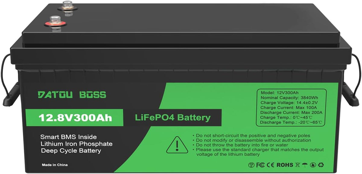 DATOUBOSS batterie, 12 V, 300 Ah, 3840 W, Noir/Vert, Lithium LiFePO4, BMS intégré 200A, 15000+Cycles Cycle Profond Lithium