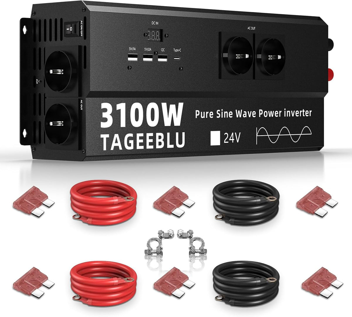 TAGEEBLU convertisseur de tension, 3100 W, 24v, 220v, Noir/Gris, Pur Sinus convertisseur Camion