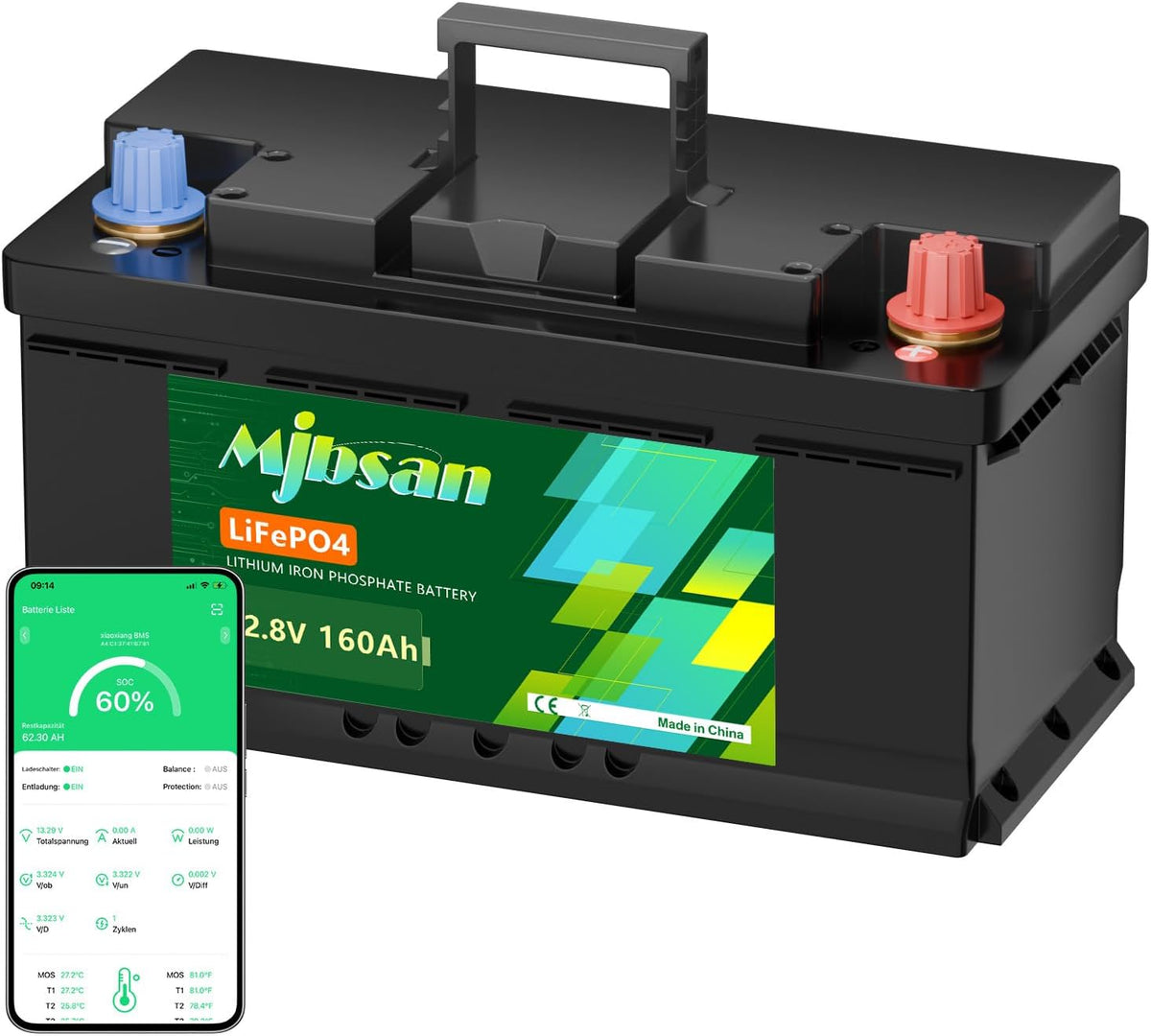 Mjbsan batterie, 12 V, 160 Ah, 2048 Wh, Noir/Vert, LiFePO4 à décharge lente avec BMS 150 A, 4000-15000 cycles