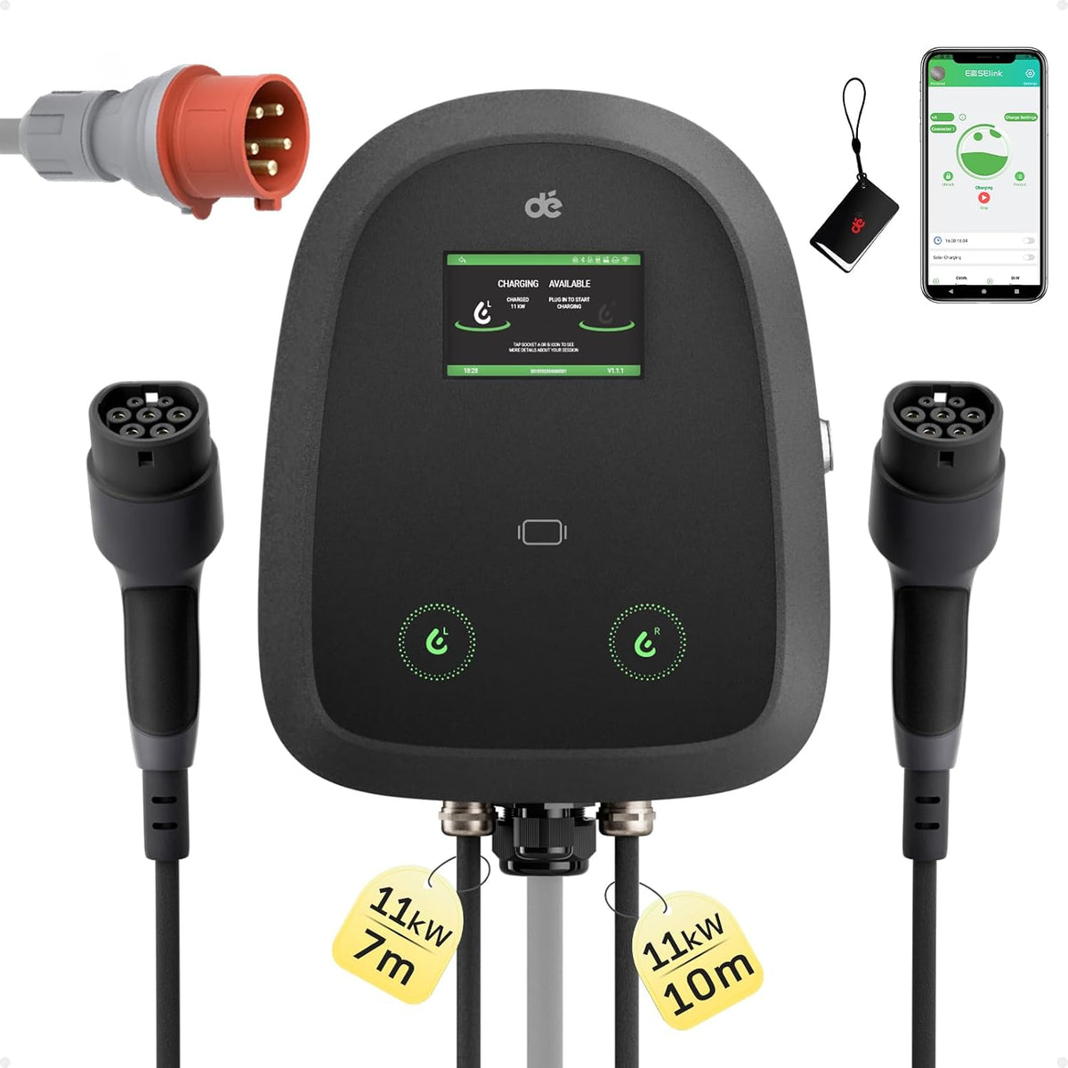 dé Stations de charge, 2×11, 7 m, 10 m, 2×16, 11 kW, Noir/Gris, Borne de Recharge Double kW [ +, Triphasé] Wallbox avec Double Câble Type 2