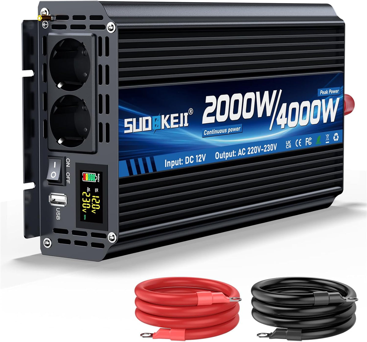 SUDOKEJI convertisseur de tension, 12 V, 230 V, 2000 W, 4000 W, Noir/Bleu, Camping-Car, véhicules