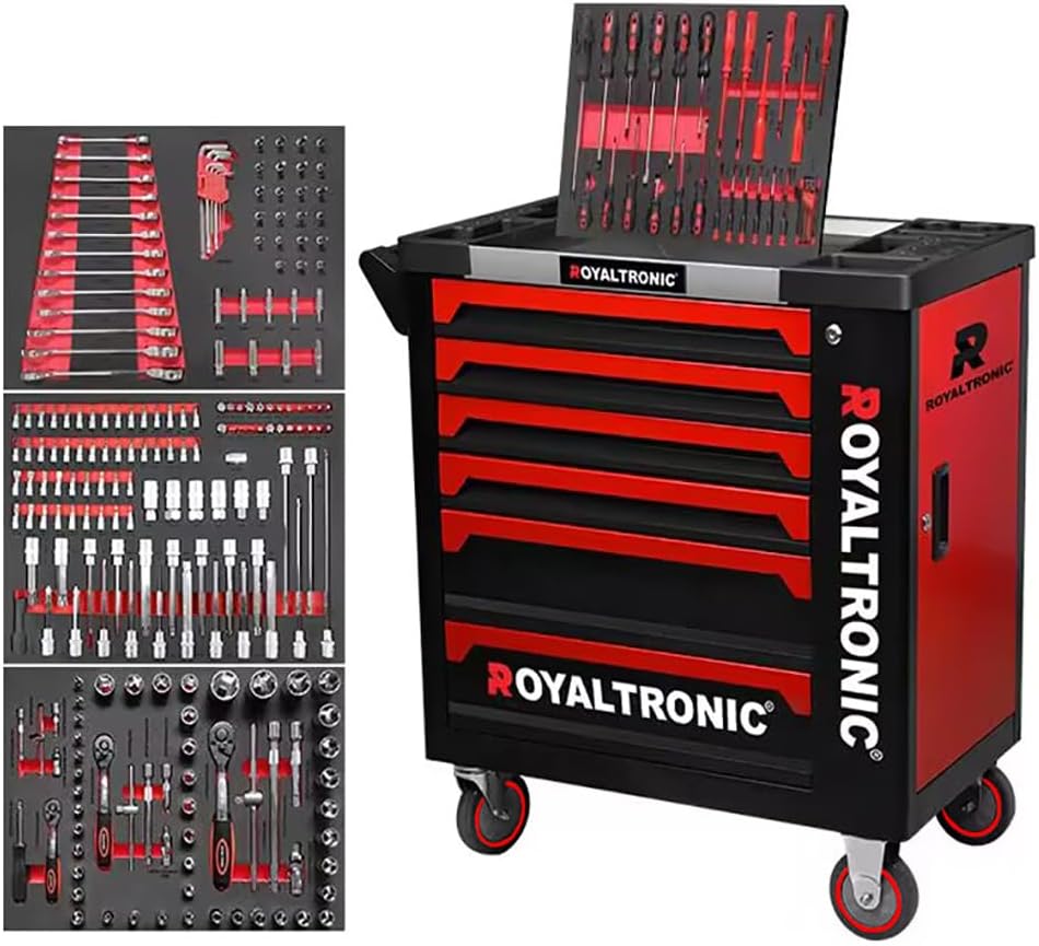 armoire Royaltronic, Rouge/Noir, Servante d'atelier RT6X6 avec 6 tiroirs remplis d'outils