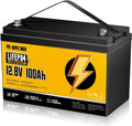 Rvpozwer batterie, 33,03 × 17,19 × 21,64 cm, 12 V, 100ah, 1280 Wh, Noir/Jaune, BMS 100A Intégré, 18000 Cycles Profonds
