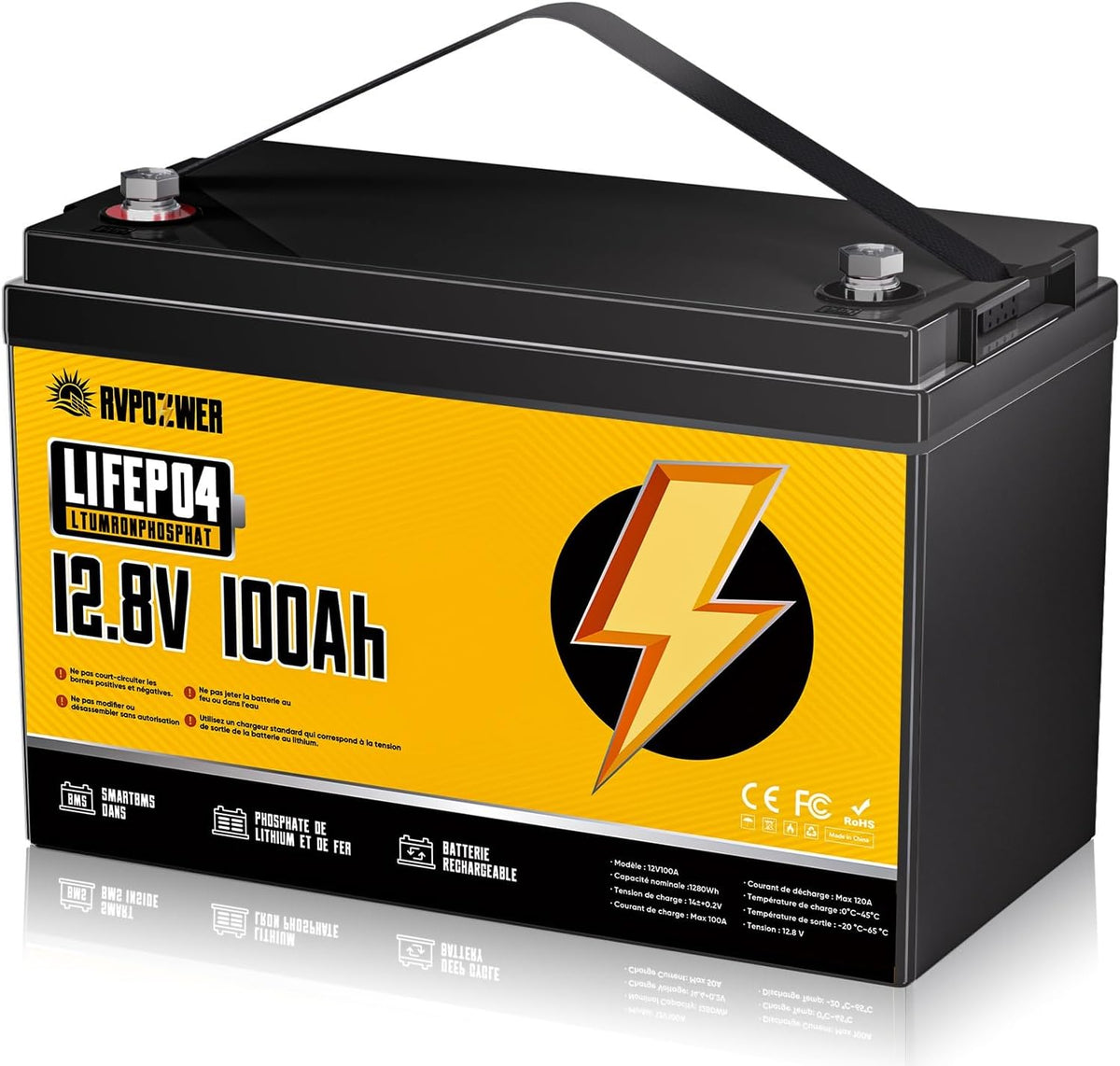 Rvpozwer batterie, 33,03 × 17,19 × 21,64 cm, 12 V, 100ah, 1280 Wh, Noir/Jaune, BMS 100A Intégré, 18000 Cycles Profonds
