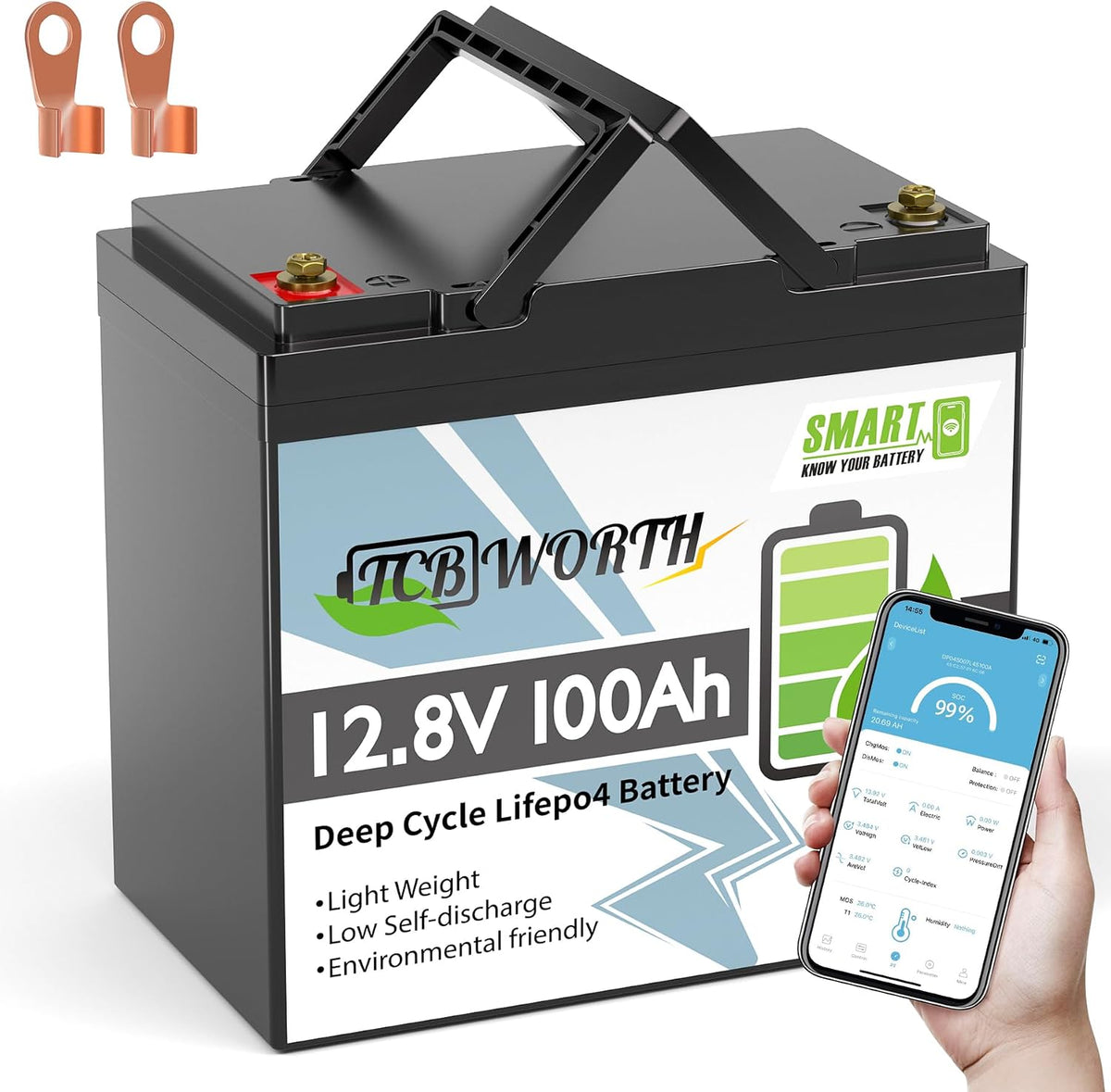 TCBWORTH batterie, 12 V, 100 Ah, Gris/Noir, Lithium Mini, LiFePO4 Rechargeable avec Bluetooth BMS 100A, 8000+ Cycles
