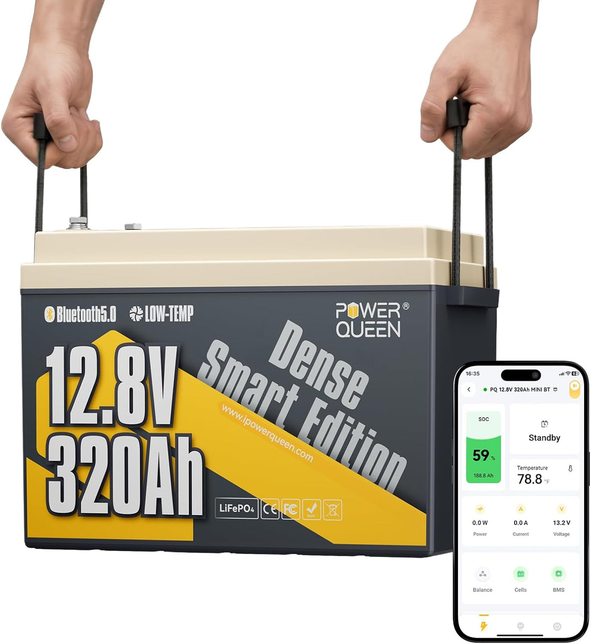 power queen batterie, 12 V, 320 Ah, 4096 Wh, Gris/Blanc, LiFePO4 Mini au lithium Bluetooth avec BMS 200 A