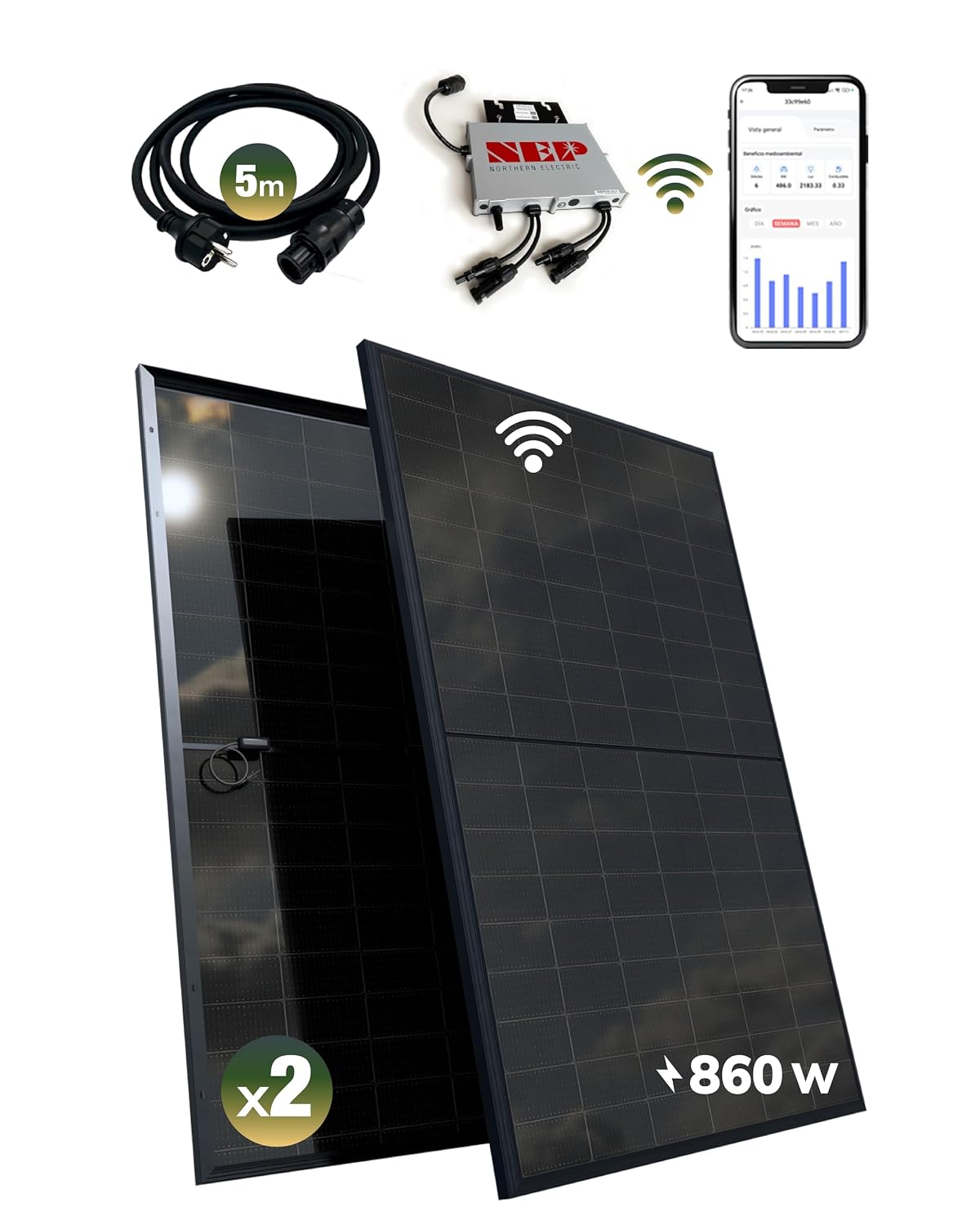 esunra create your energy onduleur, 800 W, 430 W, 5 m, Noir, Kit solaire balcon, Plug and Play, 2 panneaux solaires bifaciaux