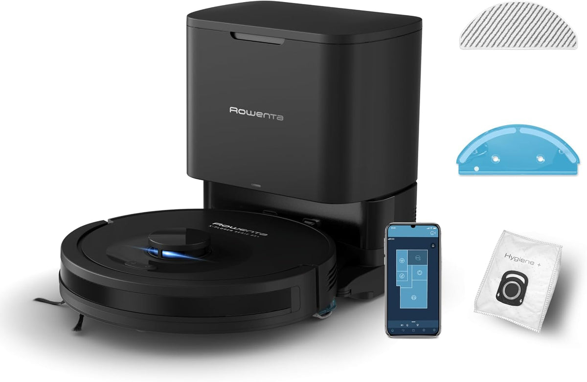 Rowenta robot aspirateur, Noir, X-PLORER Serie85+, Aspirateur robot laveur, Détection laser 360°, Vidage automatique de la poussière