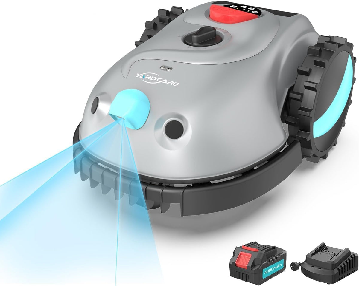 YARDCARE Tondeuses robot, Gris/Bleu, V100 Robot Tondeuse sans Fil avec Navigation Visuelle, Détection d'obstacles 150