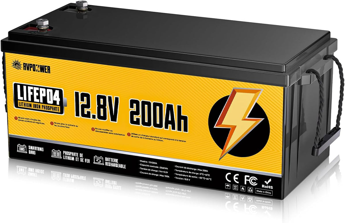 Rvpozwer batterie, 52 × 23,68 × 22,10 cm, 12 V, 200ah, 2560 Wh, Noir/Jaune, BMS 200A Intégré, 18000 Cycles Profonds