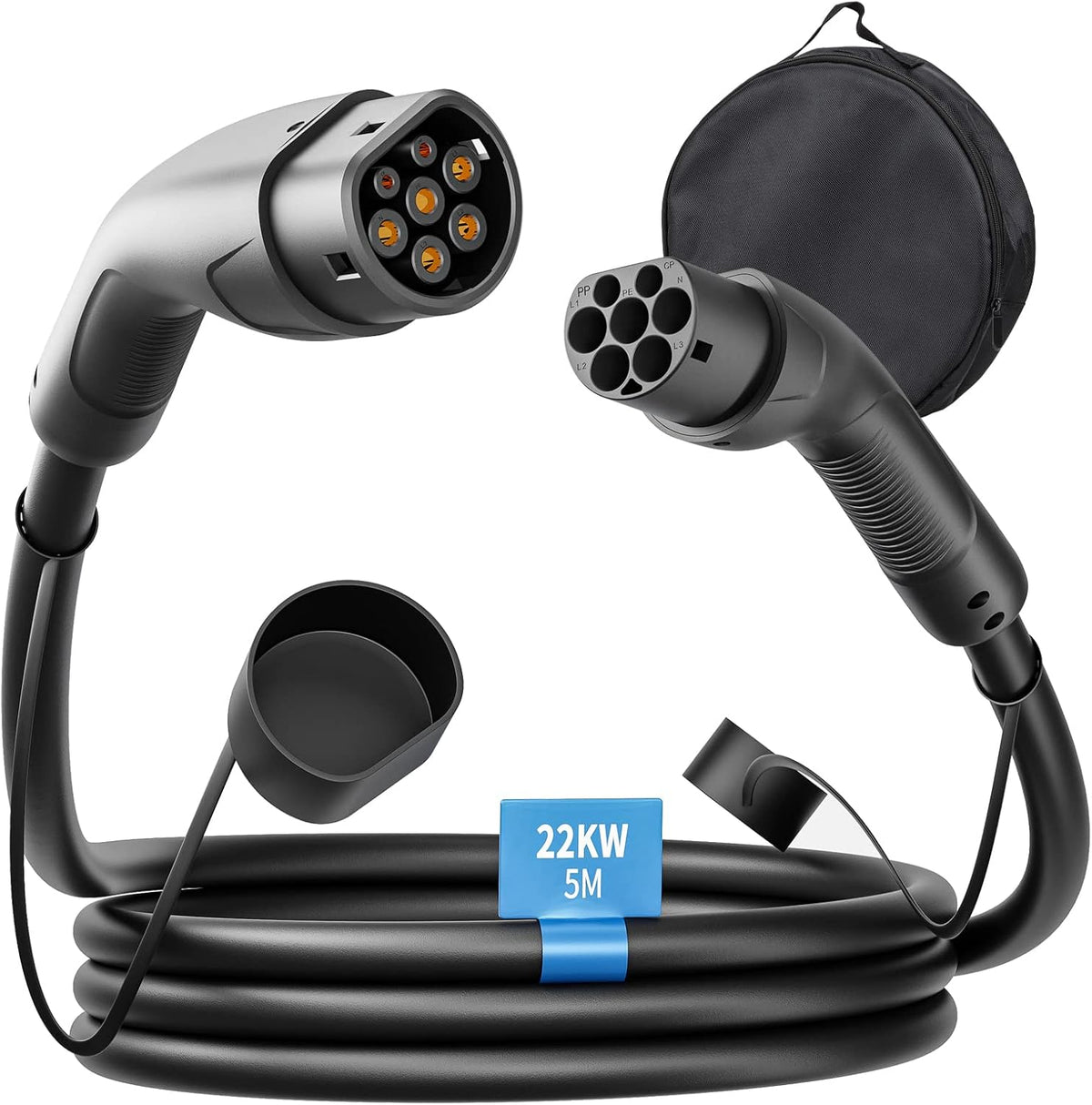Rosaking Chargeurs de batterie, 22 kW, 5M, Noir/Gris, Cable Recharge Voiture Electrique, Type 2 Câble de Recharge EV avec 3 Phases et IEC62196