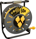 Masterplug Enrouleurs de câble électrique, 50 m, Noir/Marron, Pro-XT Enrouleur de câble, prise IP55, rallonge électrique 3 prises Schuko