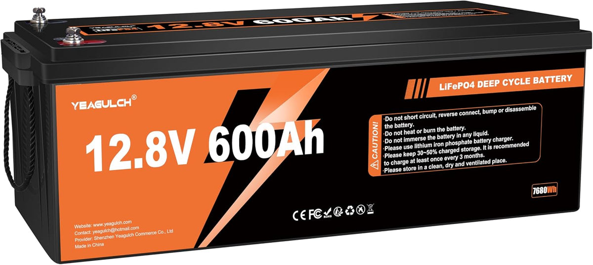 yeagulch batterie, 12 V, 600 Ah, Noir/Orange, Lithium LiFePO4 BMS 200A 15000 Cycles