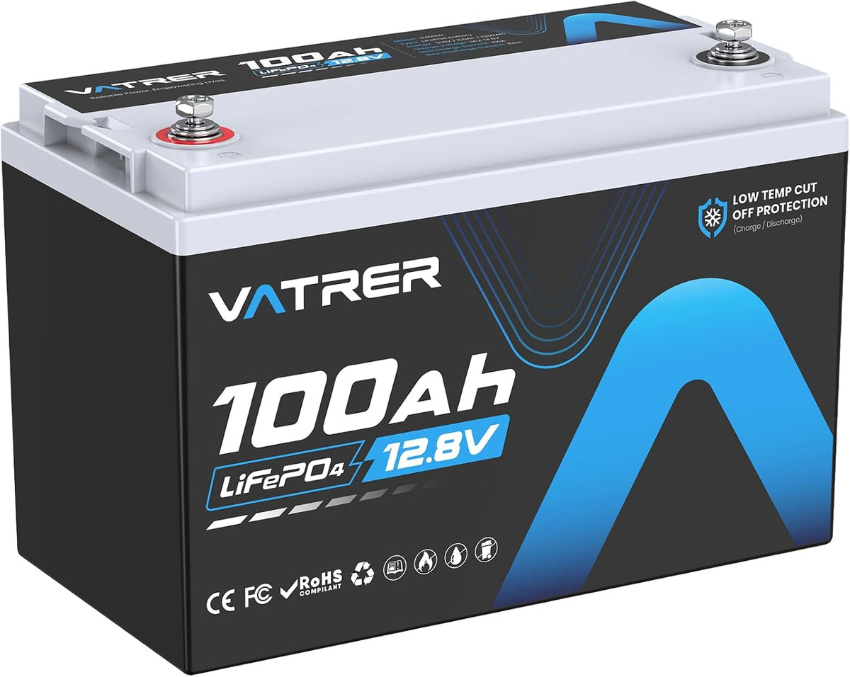 VATRER POWER batterie, 12 V, 100 Ah, Noir/Bleu, LiFePO4 Groupe 24 avec BMS 100A