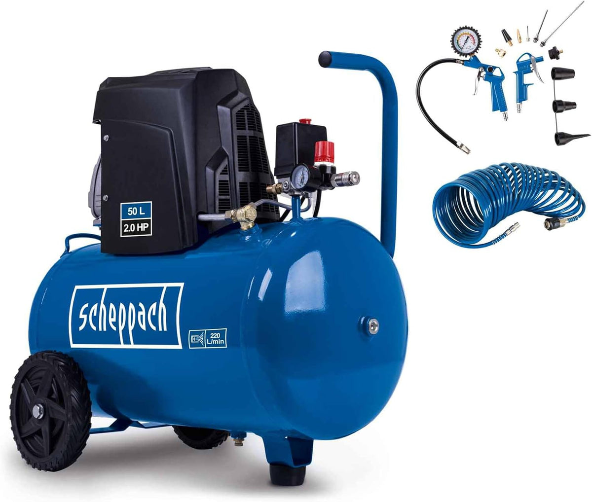 Scheppach Compresseurs d'air, 1500 W, 50 L, Bleu/Blanc, Compresseur d'air HC63- - - 14 accessoires inclus