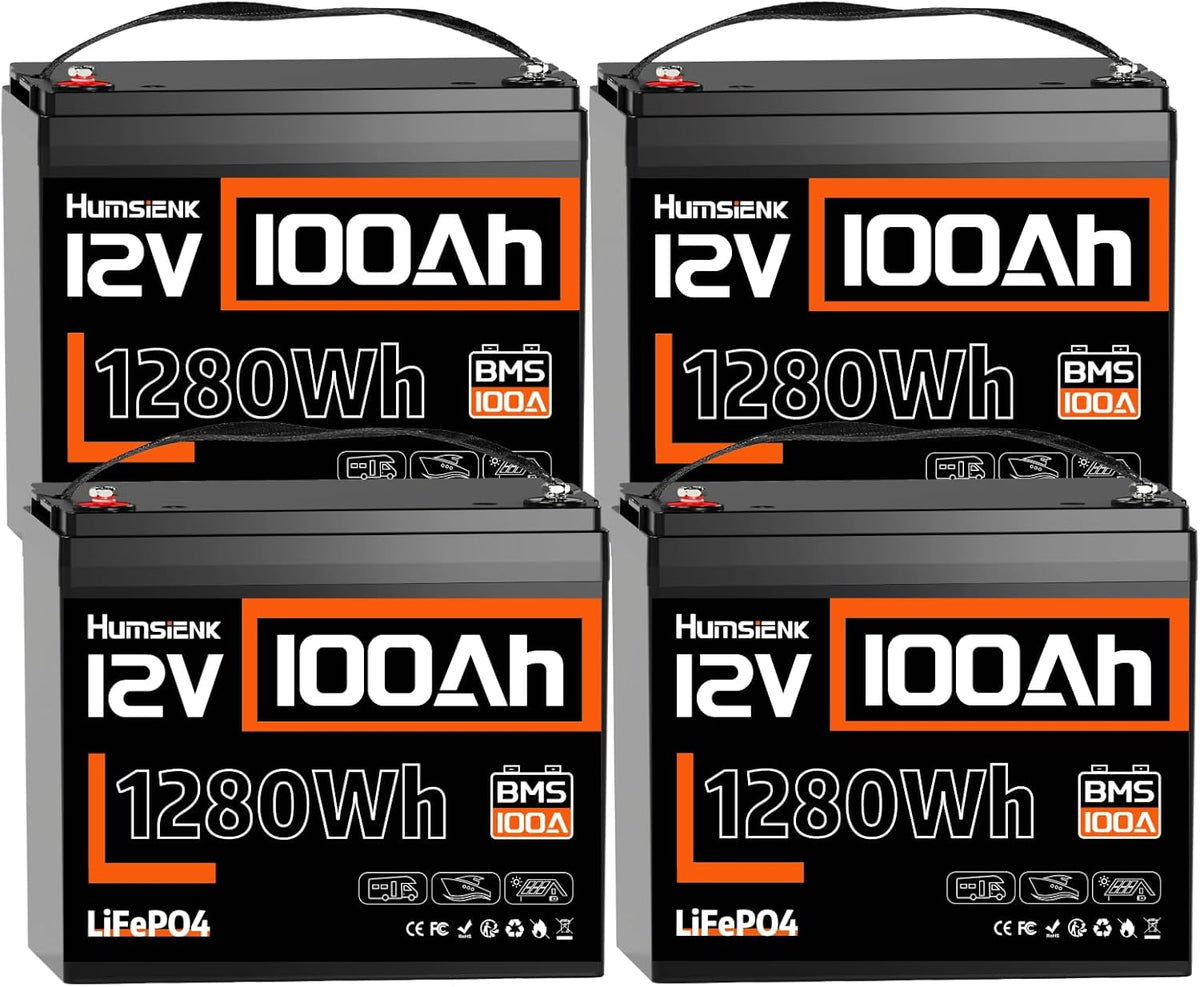 HumsiENK batterie, 12 V, 100 Ah, 1280 Wh, Bleu, Lot de 4 s Lithium LiFePO4, BMS Intelligent 100A, 15000 Cycles