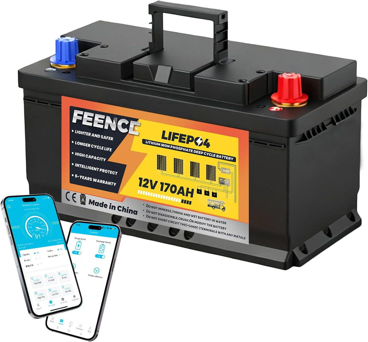 FEENCE panneau solaire, 170 Ah, 12 V, 2176 Wh, Noir/Gris, LiFePO4 Bluetooth, batterie au lithium avec BMS, Batterie de voiture pour camping-car
