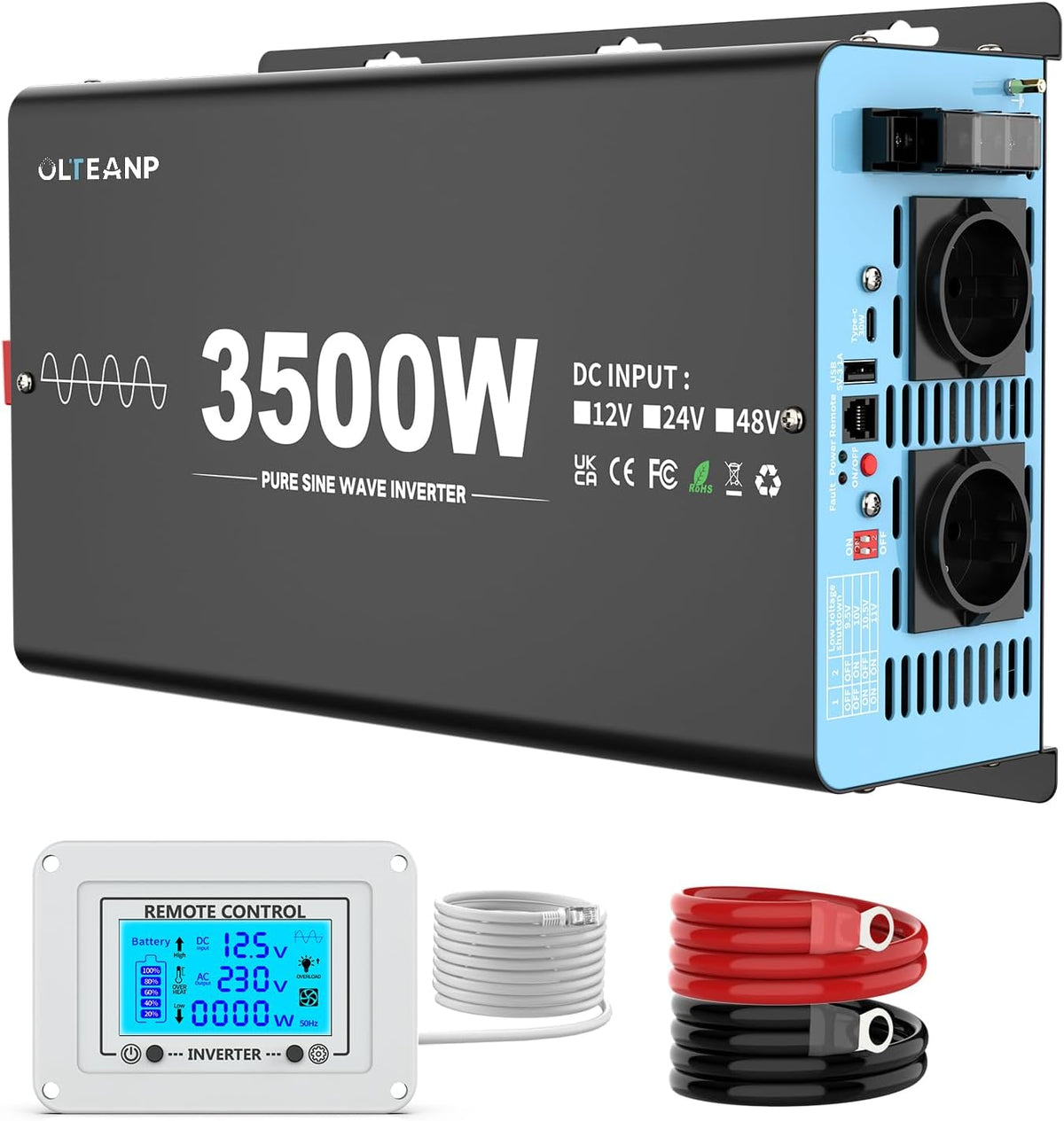 OLTEANP convertisseur de tension, 3500 W, 7000 W, 12v, 230v, Noir/Bleu, Onduleur / à Onde Sinusoïdale Pure Onduleur De Voiture Avec 2 Prises Ac