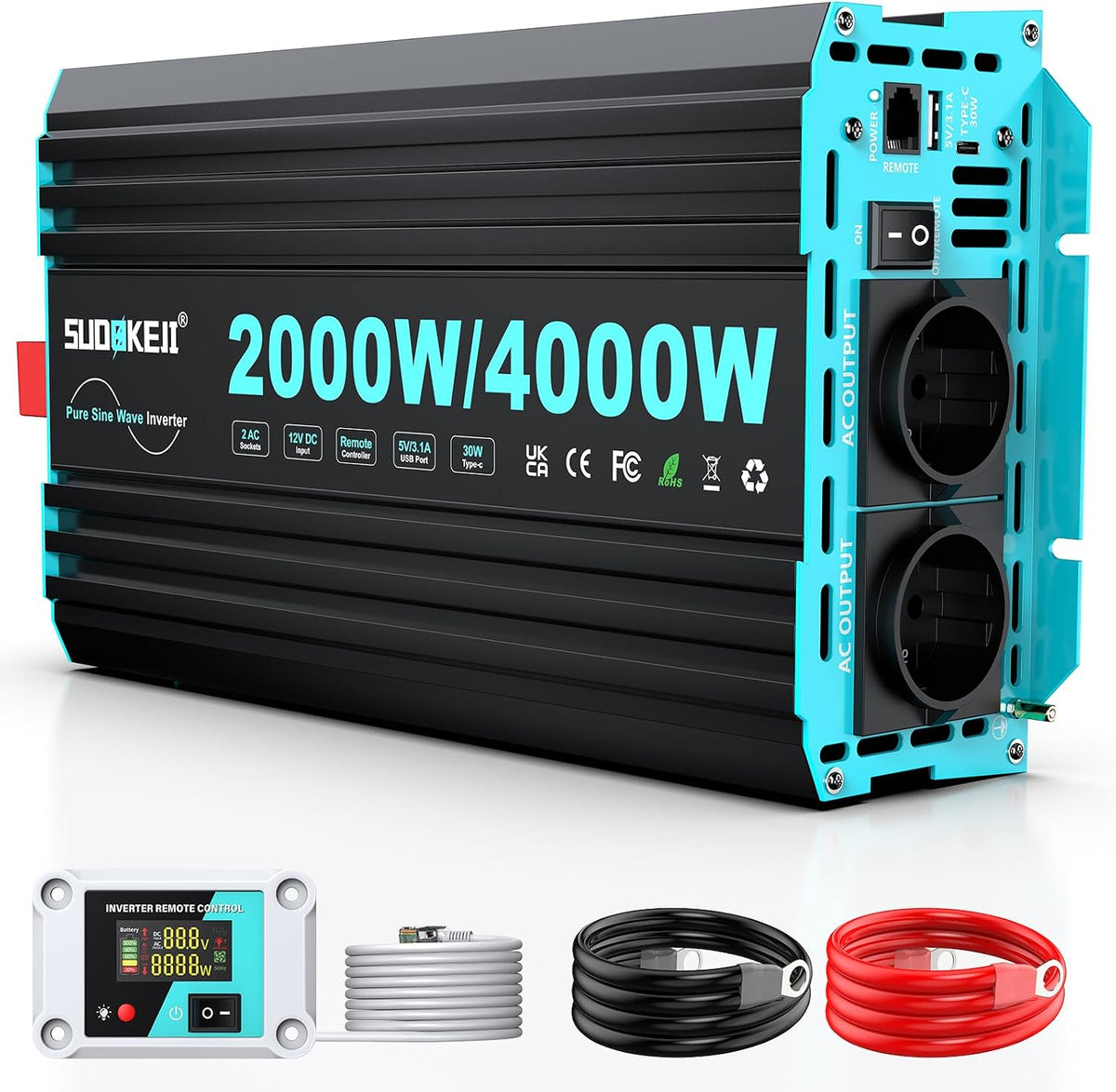 SUDOKEJI convertisseur de tension, 2000 W, 4000 W, 12 V, 230 V, Noir/Bleu, Onduleur / À Onde Sinusoïdale Pure
