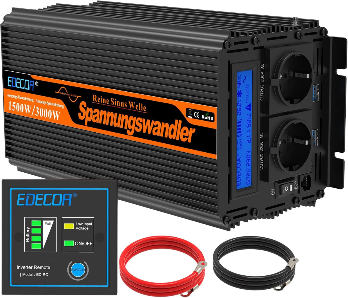 EDECOA convertisseur de tension, 3,1 kg. 3,1 kg. 3,9 kg. 3,9 kg., 24v, 220v, 1500w, 3000w, Noir/Bleu