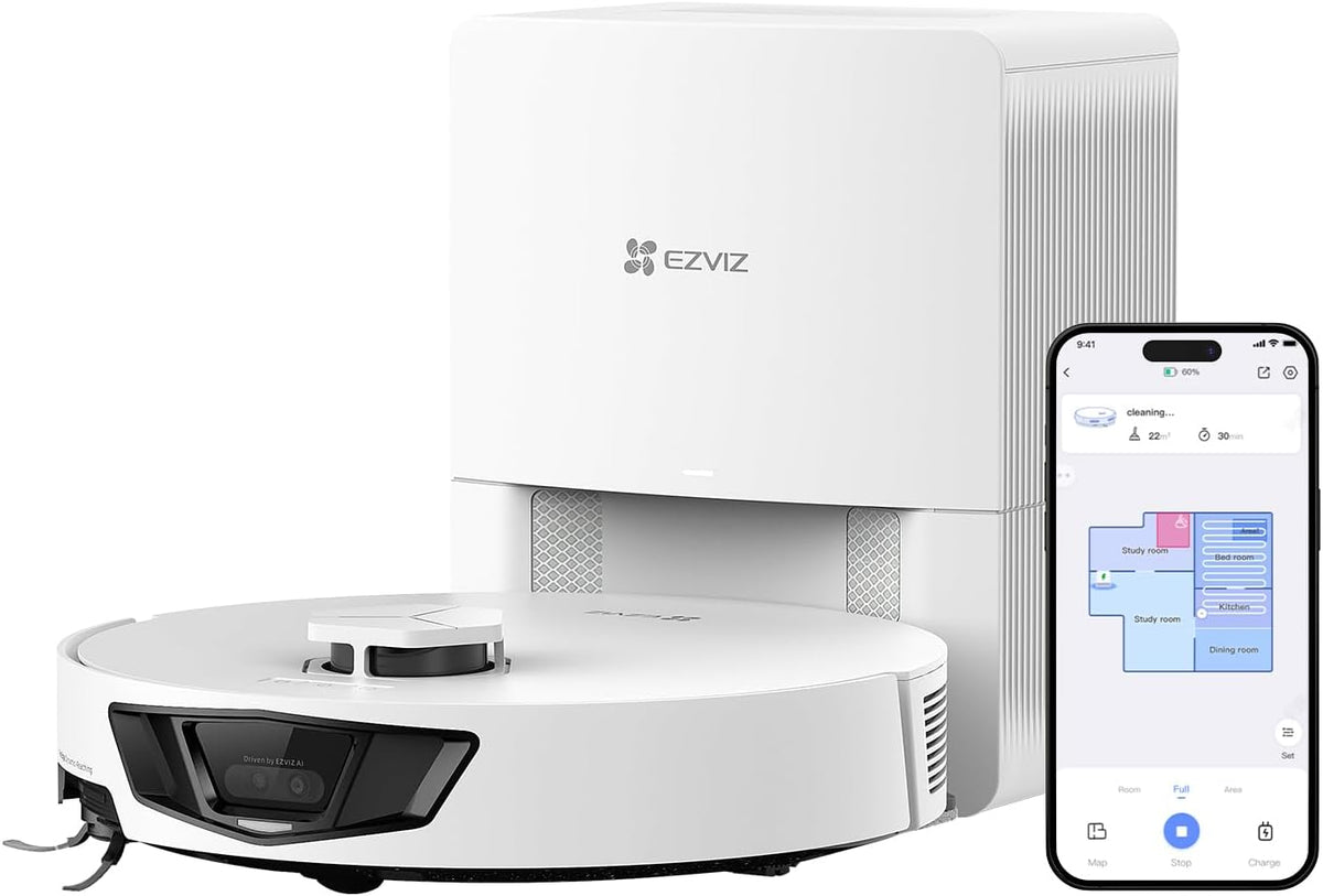 EZVIZ robot aspirateur, 4 L, 300 m, Blanc/Gris, Aspirateur Robot Laveur de Sols 3 en 1, Aspiration 13 000 Pa